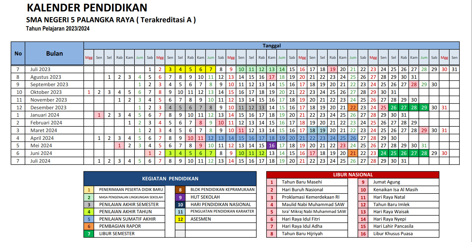 Kalender Akademik 2023/2024 SMA Negeri 5 Palangka Raya